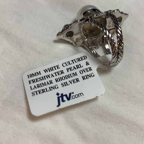 NWT JTV Cultured Freshwater Pearl & Larimar Rings Rhodium over Sterling Silver - Picture 5 of 5